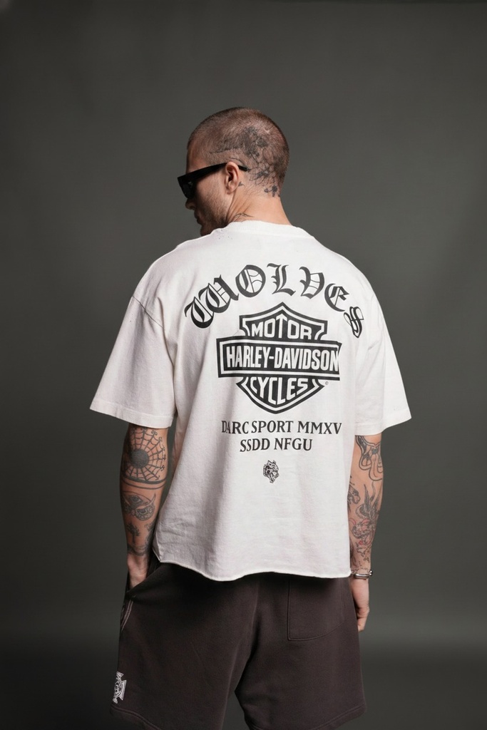 Harley-Davidson Wolves Distressed Grunge Mid-Length Raw Hem Tee in Cream