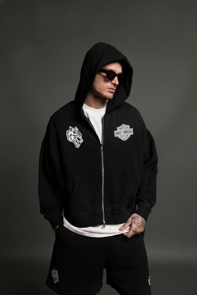 [HRL-DVD-WLV-VEX-S] Harley-Davidson Wolves Vex Double Zip Hoodie in Black Drift Wash (S)
