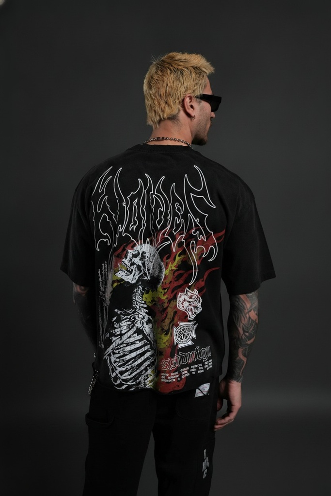 [MR-FLM-DST-GRN-S] Mori Flames Distressed Grunge Tee in Black Drift Wash (S)
